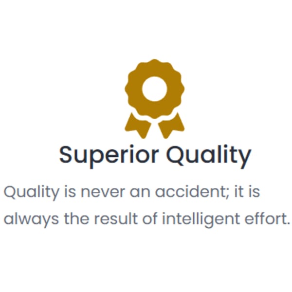 Gold ribbon icon above text "Superior Quality" and a quote about quality.
