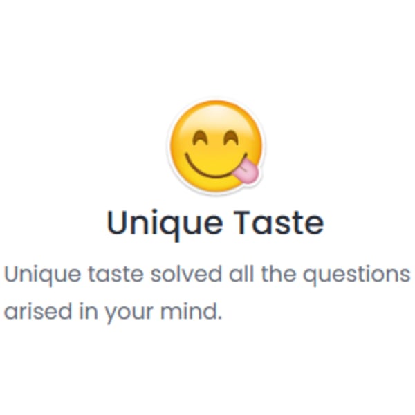 A yellow smiley face emoji with its tongue sticking out, above the text "Unique Taste".